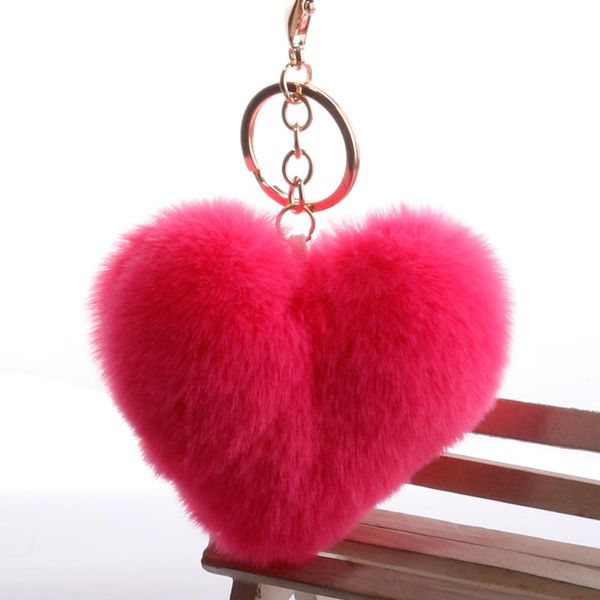 Fourrure amour coeur forme porte-clés romantique mignon doux Pom Pom pendentif téléphones voiture sac breloque étiquette porte-clés porte-clés porte-anneau