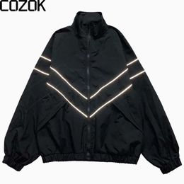 Меховая мужская светоотражающая полосатая куртка, пальто в стиле хип-хоп, уличная одежда, ветровка на молнии, Haruku, унисекс, тонкая спортивная куртка, черный, синий, 2023