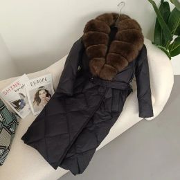 Fourrure MENINA BONITA 2023 nouvelle longue veste d'hiver femmes réel col de fourrure de renard naturel épais chaud 90% duvet de canard manteau ceinture vêtements coupe large