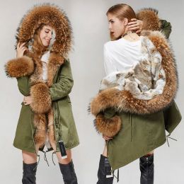 Piel MMK abrigo parka para mujer de moda forro de piel de conejo cuello de piel de mapache grande chaqueta de abrigo de invierno chaqueta larga con capucha verde militar temporada cálida ja