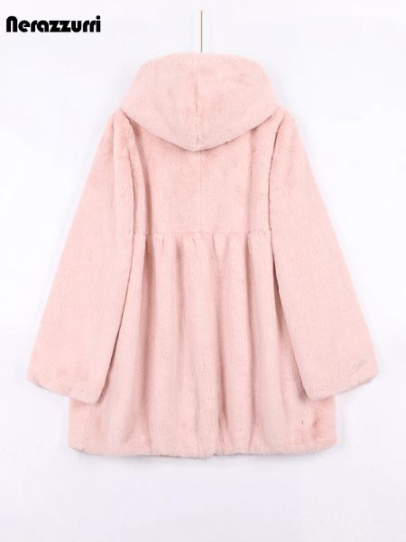 Piel Nerazzurri primavera otoño rosa plisado suave abrigo de piel sintética ligera mujeres con capucha chaqueta mullida de cintura alta ropa Casual coreana