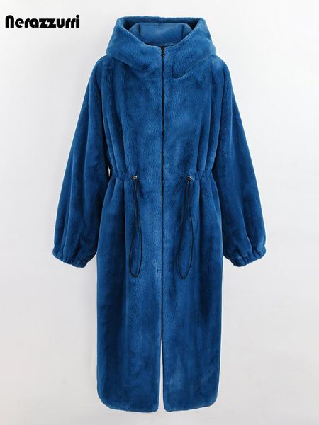 Piel Nerazzurri invierno largo de gran tamaño grueso cálido azul blanco negro abrigo de piel sintética mujeres con capucha con cremallera chaqueta suelta y esponjosa