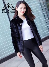 Fur New luxury real natural genuine mink fur coat with diamonds button women fashion black color jacket outwear custom any size