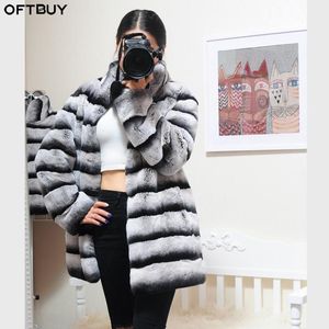 Bont oftbuy 2022 Real Fur Long Coat Winter Jacket vrouwen natuurlijke Rex konijn fur bovenkleding dik warm warm merk luxe stand kraag casual casual