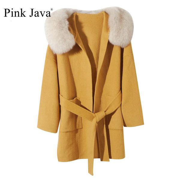 Piel rosa java QC190551 nueva llegada gran oferta abrigo de lana con cuello de piel de zorro real abrigo de carshmere abrigo de mujer moda al por mayor