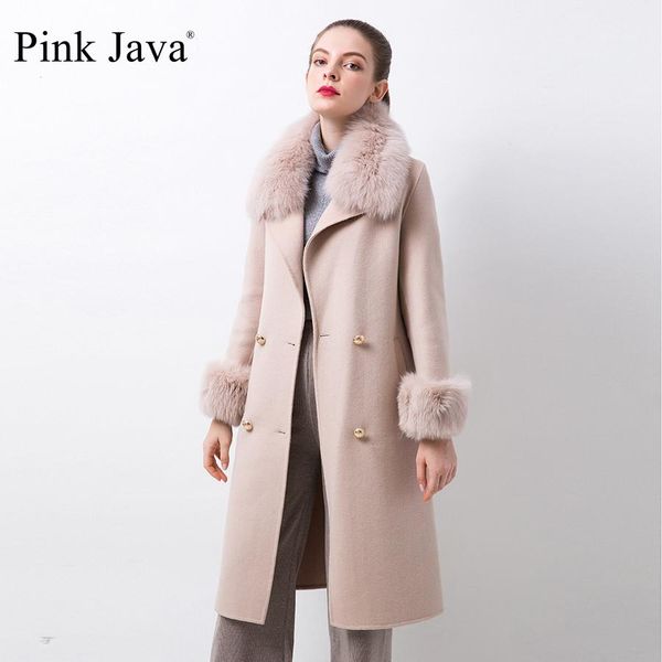 Fourrure rose Java QC20068 nouveauté offre spéciale femmes hiver manteau de laine avec manteau en cachemire réel col de fourrure de renard véritable manchette de fourrure