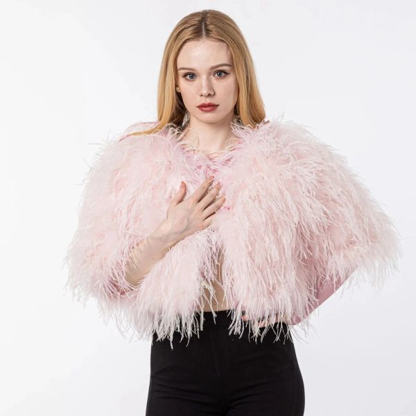 Fur Real Autrrich Coat Short Feather Bolero Top avec une veste de récolte à manches longues 2024 Mariage Luxury White Black Bride Robe 23A0408