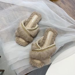 Fourrure Real Winter Apanzu Slippétes Femme chaude Sequins de perles Bling Femmes Planchers Furry Natural Rabbit Hair Chaussures 231219 635 Ry