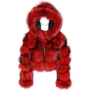 Veste courte en fausse fourrure rouge en fourrure: manteau à fourrure à capuche à capuche moelleuse, collection d'hiver 2024
