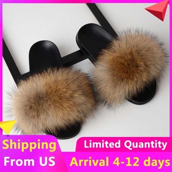 Fourrure Slide Furry Pantoufles Maison Femme Chaussures Mules Maison Fluffy Sandales D'été Dames En Peluche Tongs De Luxe En Gros 211110