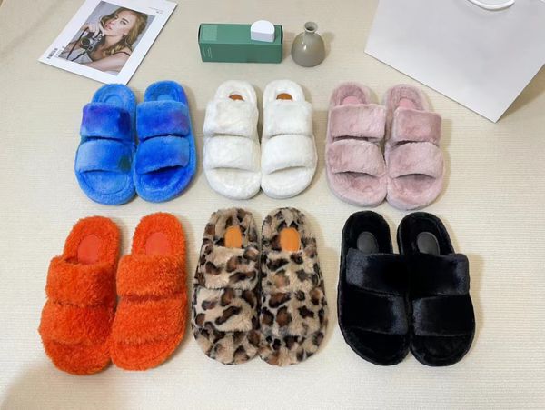 Diapositivas de piel Triomphe Diapositiva abierta en lana de piel de oveja Zapatillas con punta abierta Tela plana de invierno de lujo Mullido Peludo Cómodo Mujer Mula Zapatos con estampado de leopardo