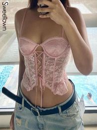 FUR Sweetown Pink Floral Lace Summer Tops Lindo Kawaii Y2K Ropa Hollow Out venda Sexy Bustiers Corsets Vest Camisole femenina