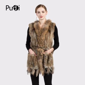 Fur VR015 Vrouwen Echte natuurlijke echte konijnenbont gebreide vesten / vest / Gilet -jassen met kwastjes Raccoon hondenbont kraag lange stijl