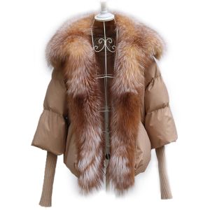 Fourrure hiver femmes manteau réel argent fourrure de renard col blanc canard doudoune Super Large avec manches en tricot vêtements mode