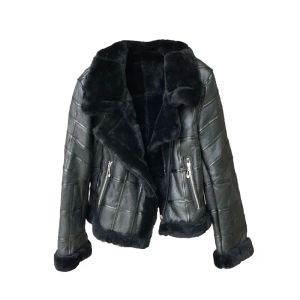 Chaqueta de piel de invierno para mujer, abrigo grueso y cálido con Cuello de piel de lana de cordero auténtica, prendas de vestir exteriores con cremallera para motocicleta, chaqueta Bomber de retazos corta