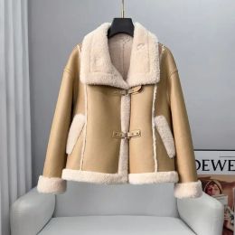 Fourrure d'hiver femmes réel mouton cisaillement col de fourrure manteau de fourrure de mouton naturel veste en cuir véritable épais chaud luxe femme manteaux F23