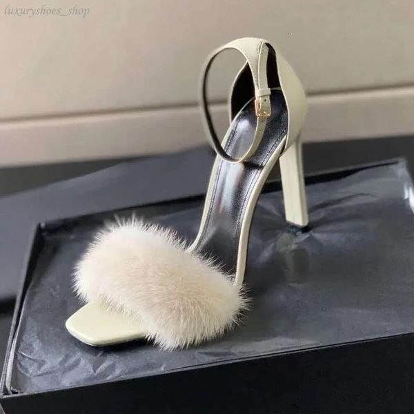 Piel con correa de tobillo de cuero Sandalias de tacón alto Pelo de visón Tacones de aguja desnudos Abrigo de tobillo Fiesta de mujer 10,5 cm Zapatos de cena Diseñadores Zapatos de diseñador de fábrica