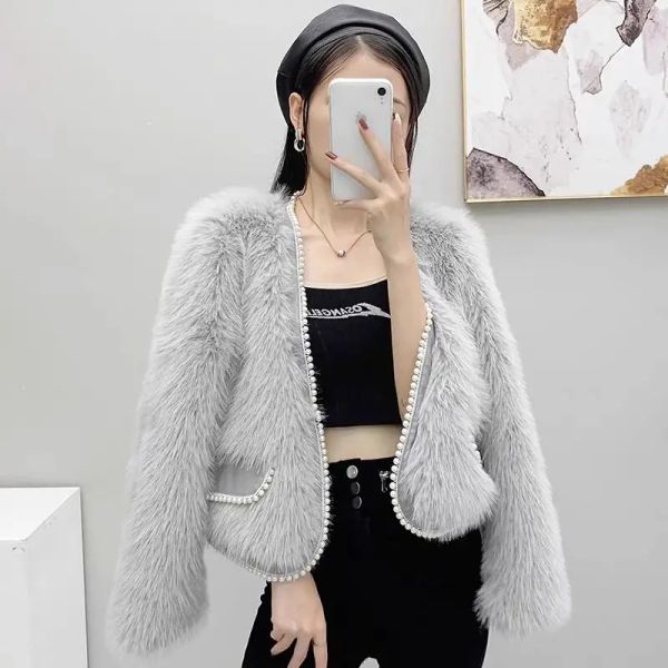 Abrigo de piel de visón Hai para mujer, abrigo corto de manga larga con perlas, estilo joven, chaqueta rosa, blanca y gris, novedad de invierno 2022