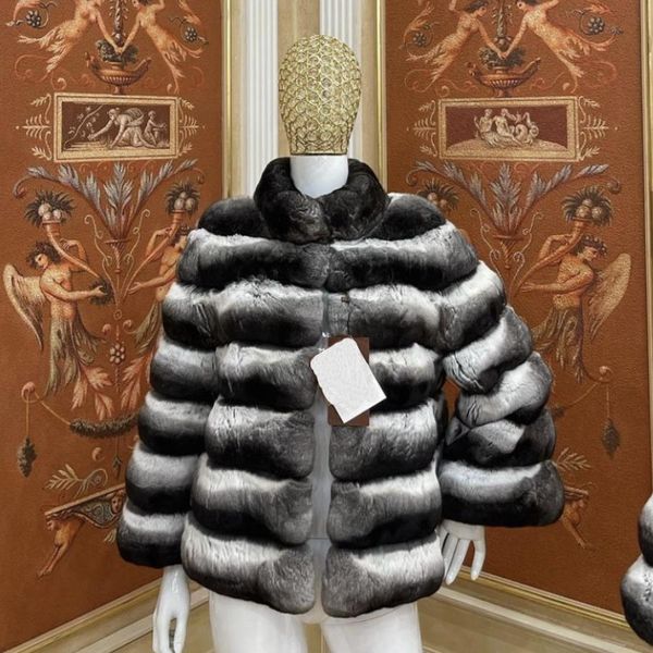 Abrigo de piel de Chinchilla para mujer, chaqueta de piel auténtica de conejo Rex, chaqueta de piel de invierno para mujer, piel genuina corta natural de marca