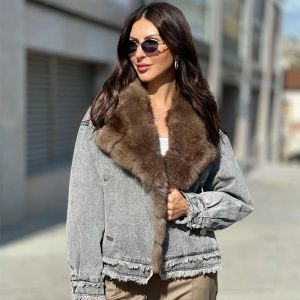 Veste en jean pour femmes fourrures avec de vrais vêtements de col de fourrure de renard 2021 Luxury Tarka chaude Outwear Winter Women Casual Natural Rabbit Fur Coats