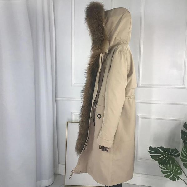 Parka de piel para mujer, Parka de invierno de mapache, piel auténtica forrada con Parkas de piel de conejo Natural