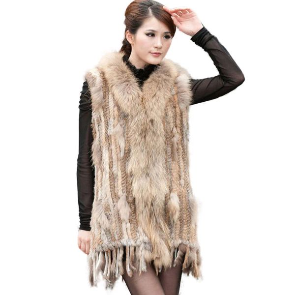 Fourrure femmes authentique naturel de lapin naturel gilets en tricot de fourrure / gilet / manteaux gilets avec des glands raton laveur
