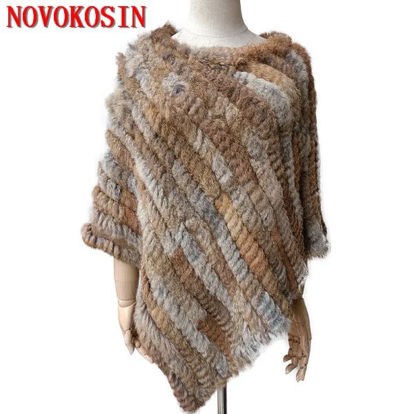 Poncho triangular a rayas de piel de conejo auténtico tejido para mujer, ropa de calle para invierno, chal, abrigo, mangas de murciélago, jerséis holgados, capas