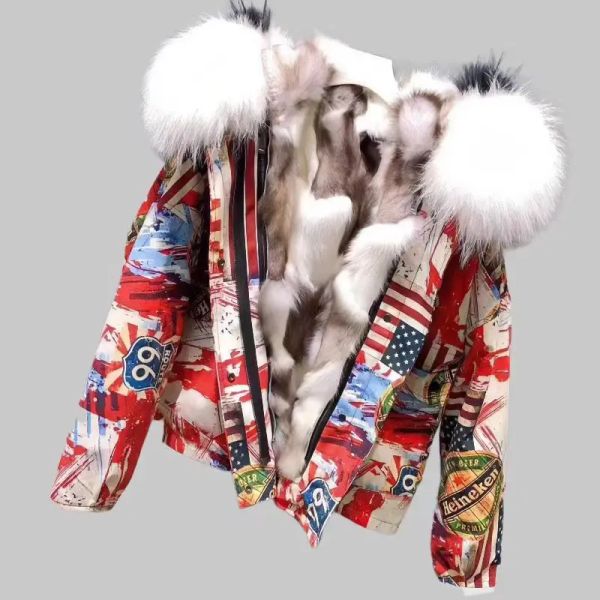 For Fur's Lining Fur Rabbit Coat avec renard fourrure colla, veste en jeans, parkas de cowboy imprimé, vêtements féminins, hiver, nouvelle, de haute qualité