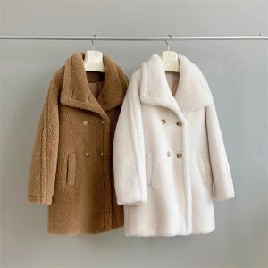 Manteau de fourrure d'ours en peluche pour femme, veste d'alpaga pour femme, ample, laine et soie, hiver épais et chaud, col montant, manteaux à Double boutonnage