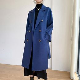 Abrigo de lana ondulado de agua para mujer, abrigo largo de Color liso con doble botonadura y cinturón doble, cortavientos, otoño e invierno, 2022