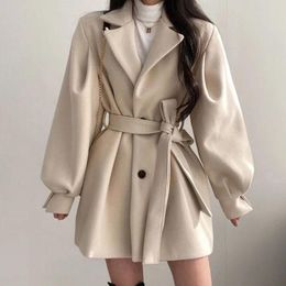 Fourrure Femmes Solide Mélange De Laine Manteau Lâche Avec Ceinture Manteaux Femme Chaud Plus Coton Plus Épais Bureau Dame Élégant À La Mode Bouton Outwear Tops