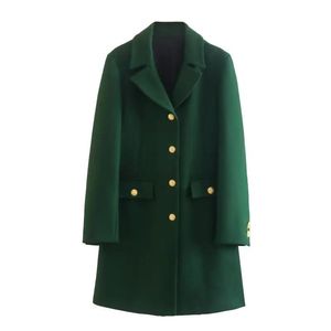 Fourrure WXWT hiver décontracté simple boutonnage mince manteau de laine femmes vert col rabattu longue veste d'extérieur dames simple pardessus