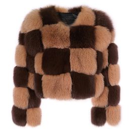 Piel YOLOAgain 2022 invierno cálido a cuadros chaqueta de piel auténtica de zorro abrigo mujer prendas de vestir exteriores