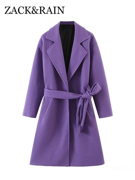 Fourrure ZACK RAIN femmes violet ceinturé mi-long laine manteau 2022 automne/hiver dames élégant manteau rétro mode ample femme vêtements épais