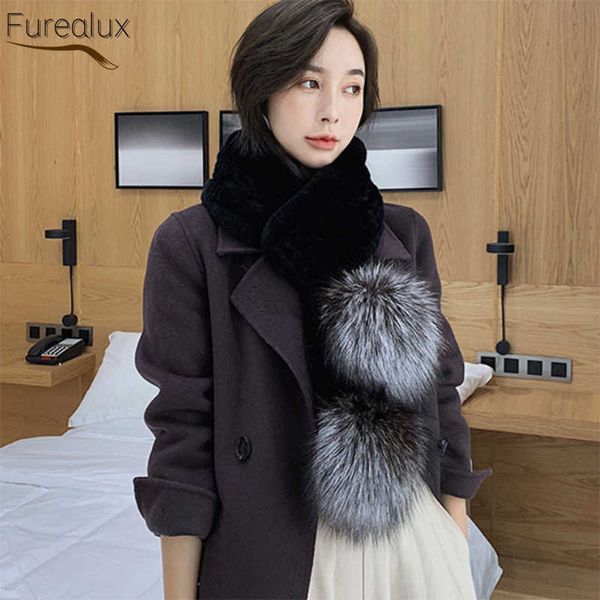Furealux 2021 New Genuine Real Fur Tejido Cuello de piel de conejo con bola de zorro plateado Moda de invierno para mujer Suave Cálido Bufanda casual H0923