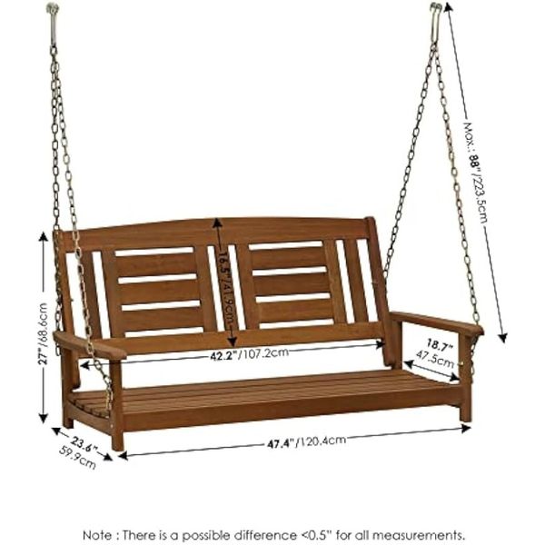 Furinno Tioman Patio de bois dur / jardin / swing porche extérieur de 4 pieds, 2 places avec chaînes suspendues, chaise swing naturelle
