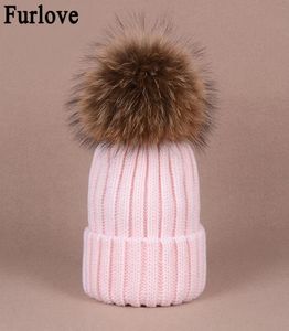 Furlove echte wasbeer fur dames039s winter hoed echte pels pompom vrouwen gebreide bobble ski hoed cap winter hoeden voor dames skullie5755248