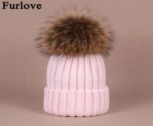 Furlove echte wasbeer fur dames039s winter hoed echte pels pompom vrouwen gebreide bobble ski hoed cap winter hoeden voor dames skullie5591493