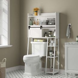 Meuble de rangement au-dessus des toilettes avec porte-papier, rangement à grande échelle, porte coulissante, support de toilettes peu encombrant, adapté à la salle de bain et à la buanderie (blanc)