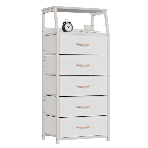 Furnulem Blanco con 5 cajones, torre de almacenamiento vertical, cómoda de tela para dormitorio, pasillo, entrada, guardería, organizador de armario, mesita de noche