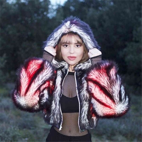 Furry Fausse Fourrure Manteau Femmes Hiver Led Multicolore Télécontrôle Costume Veste Chaud Survêtement Manteau Pardessus Partie Pardessus 211213