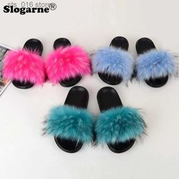 Furry House Slides Sandals Summer Women Raccoon Fluffy Shoes Female Outdoor Indoor Faux Fox Fur Slippers T231023 443