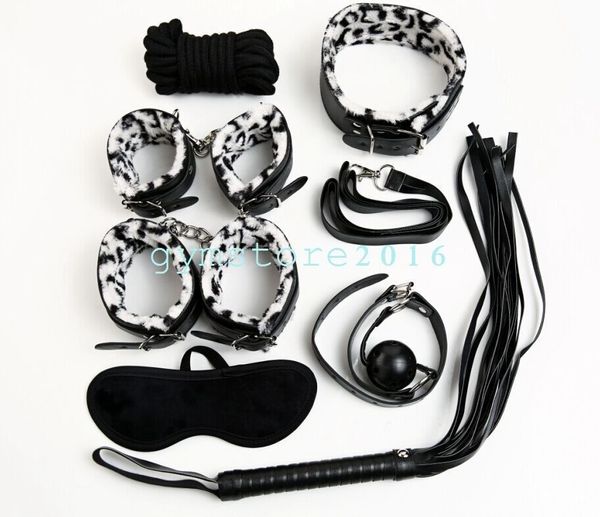 Bondage Furry Pantherine Restricción set látigo Tobillo collar puños mordaza con los ojos vendados Clips # R78