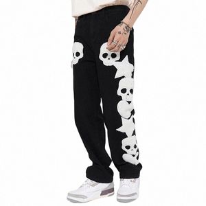 Furry Skull Stars Broderie Jeans Hommes Harajuku Vibe Style Pantalon droit Homme Streetwear Oversize Casual Hip Hop Denim Pantalon D9Fs #