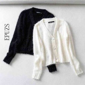 Furry Blanc Cropped Cardigans Femmes Kawaii Pull Tricoté Crop Top Coréen Casual Manches Longues Dames Automne 210521