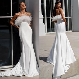 Bont eenvoudige witte zeemeermin trouwjurken sexy spaghetti riemen backless bruidsjurken elegante sweep trein receptie feestjurk gewaden de mariiee yd