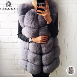 FURSARCAR 70cm Long gilet de fourrure véritable pour les femmes manteaux en cuir véritable hiver femme veste de fourrure de luxe survêtement Customize201016