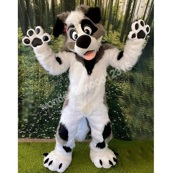 Fursuit Long Fur Husky Dog Fox Costume mascotte Puntelli per prestazioni di Halloween Copricapo in peluche Vestito rosso e blu