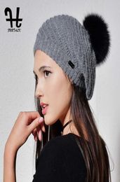 Furtalk Angola Fur Beret chapeaux pour femmes chaudes hiver femmes fourrure pom chapeau tricot beanie pour filles2677771