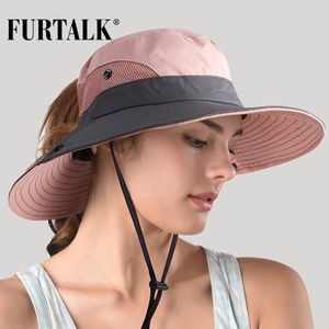 Furtalk Safari Sun Hats For Women Summer Hat Wide Brim UV UPF -bescherming Ponytail Outdoor Visserij Wandelhoed voor vrouwelijke Y200602